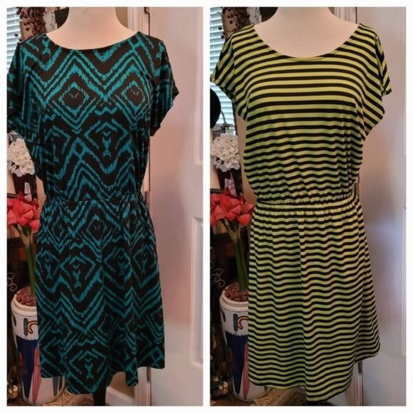 2 Bundle Ellen Tracy Dress Blue Green Black Medium Summer Cottagecore Summer - Picture 1 of 11